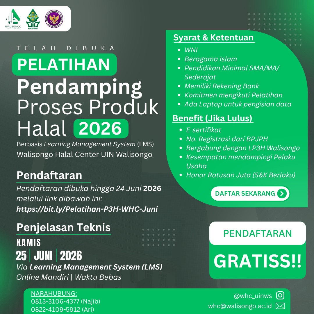 Walisongo Halal Center Buka Pelatihan Pendamping Proses Produk Halal Berbasis LMS – UIN Walisongo 1 Walisongo Halal Center Buka Pelatihan Pendamping Proses Produk Halal Berbasis LMS – UIN Walisongo
